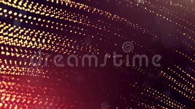 三维金红色背景与奇妙的发光粒子。 具有景深、光效的三维立体动画